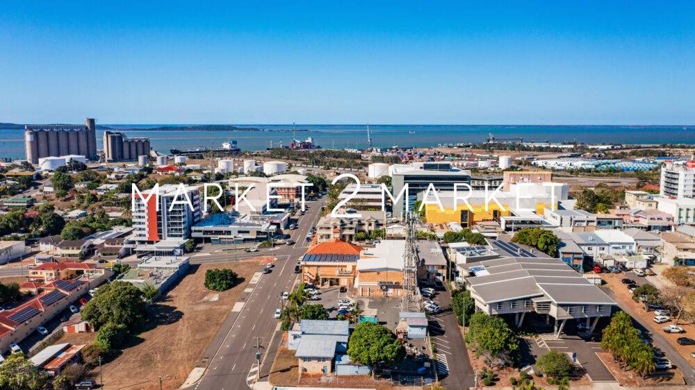 Aerial view of Gladstone CBD looking towards the sea, Queensland