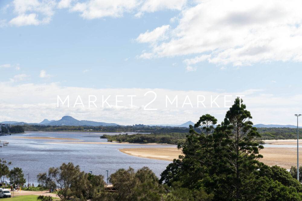 View of Maroochydore with Glasshouse Mountains in the Background.