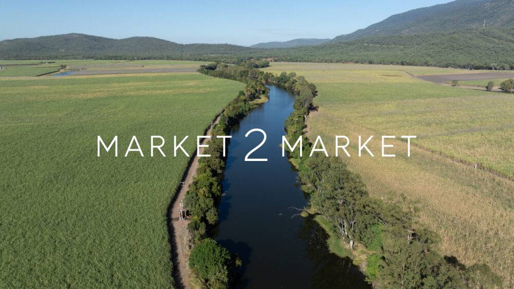 Aerial View of Pioneer River winding through vast sugarcane fields in the Mackay region